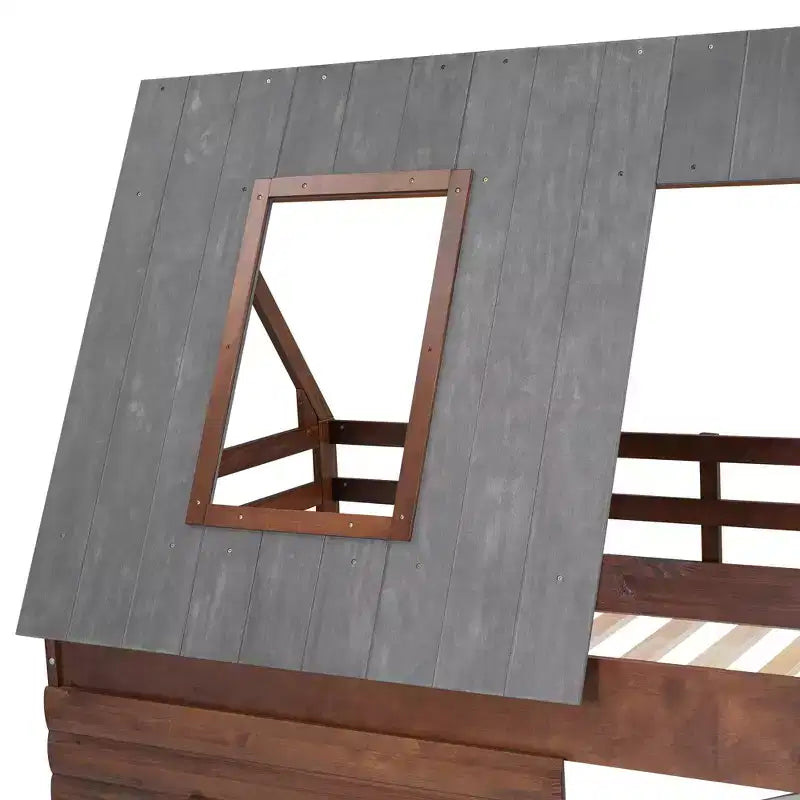 Lit superposé cabane double Whisen au design élégant avec toit, échelle et 2 fenêtres