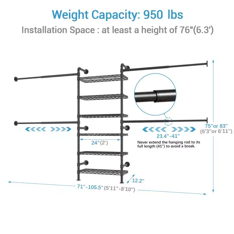 Timate S3X Système d'Organisation de Placard, Porte-Vêtements Extensible Mural, Portant à Vêtements Industriel, S'Adapte aux Espaces de 1,93 m à 2,82 m