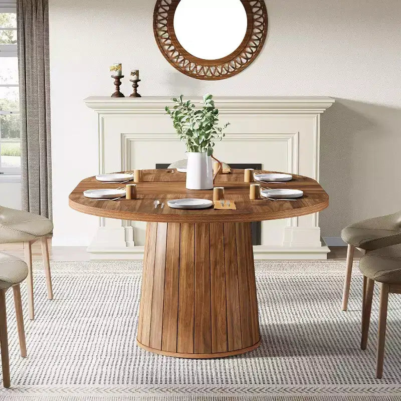 Table à manger ovale Lantine de 140 cm en bois avec plateau en bois et base cylindrique