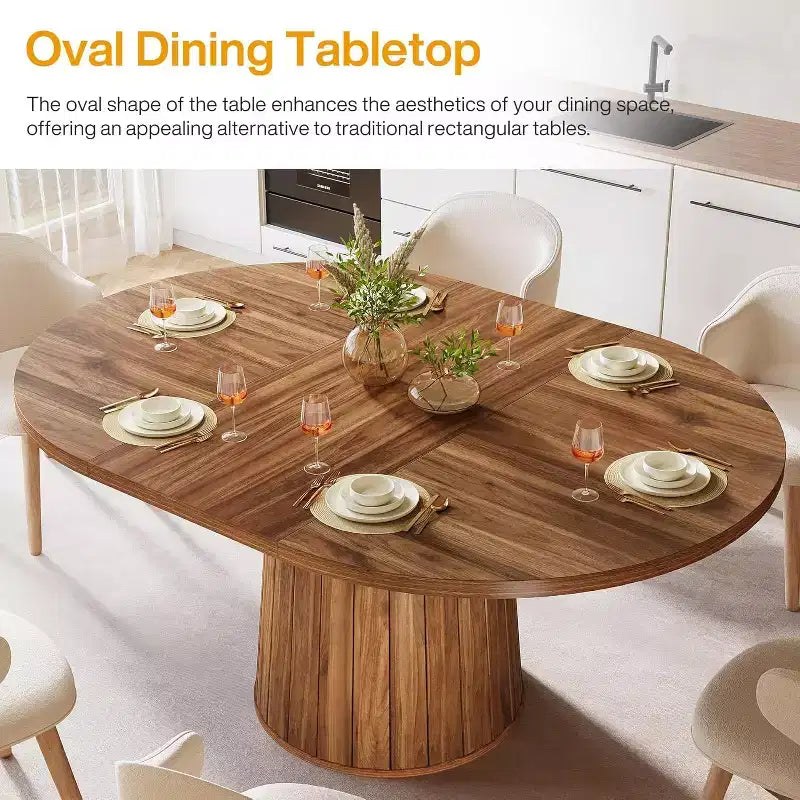 Table à manger ovale Lantine de 140 cm en bois avec plateau en bois et base cylindrique