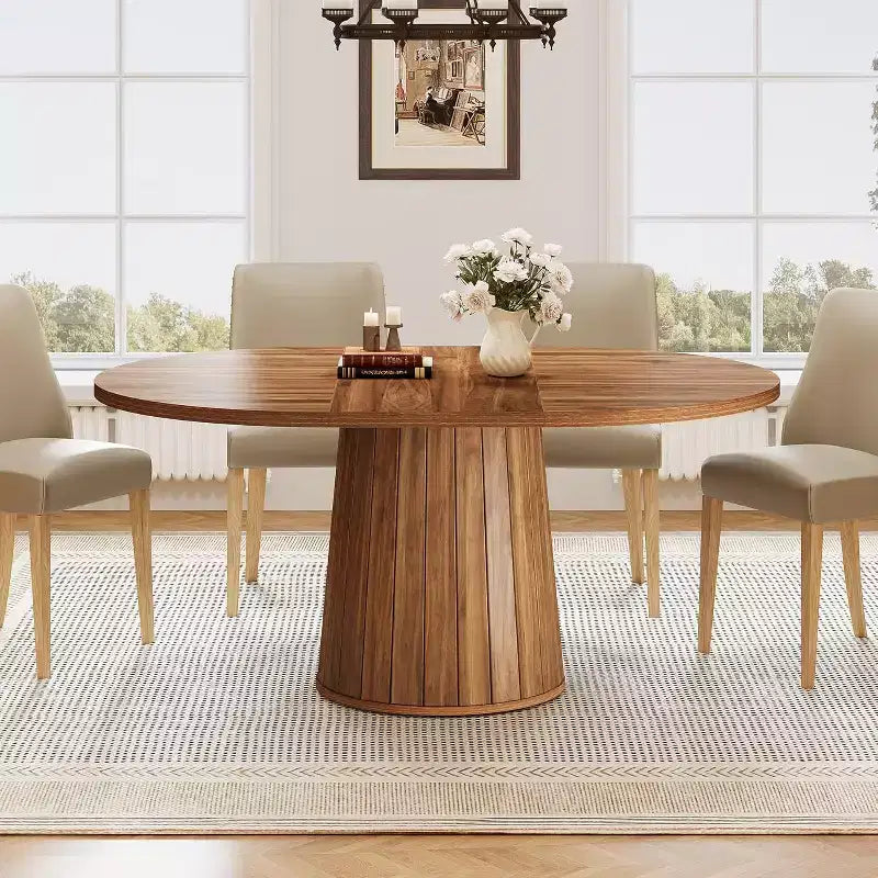 Table à manger ovale Lantine de 140 cm en bois avec plateau en bois et base cylindrique