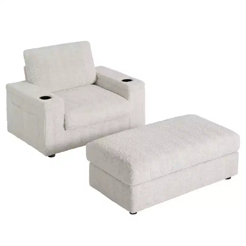Chauffeuse surdimensionnée en fausse fourrure de lapin Whisen avec pouf de rangement et accoudoirs, canapé-lit rembourré avec porte-gobelets