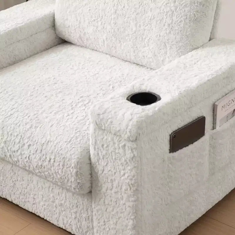 Chauffeuse surdimensionnée en fausse fourrure de lapin Whisen avec pouf de rangement et accoudoirs, canapé-lit rembourré avec porte-gobelets