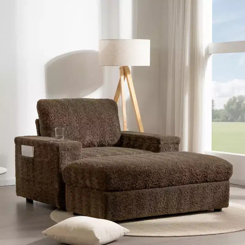 Chauffeuse surdimensionnée en fausse fourrure de lapin Whisen avec pouf de rangement et accoudoirs, canapé-lit rembourré avec porte-gobelets