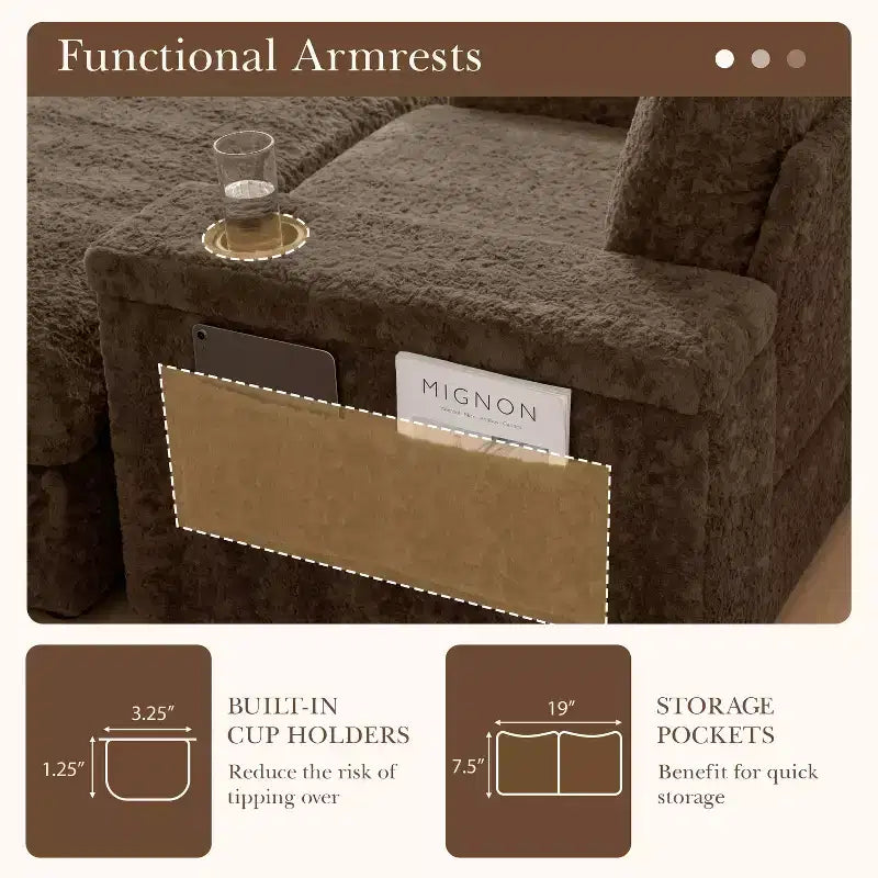 Chauffeuse surdimensionnée en fausse fourrure de lapin Whisen avec pouf de rangement et accoudoirs, canapé-lit rembourré avec porte-gobelets