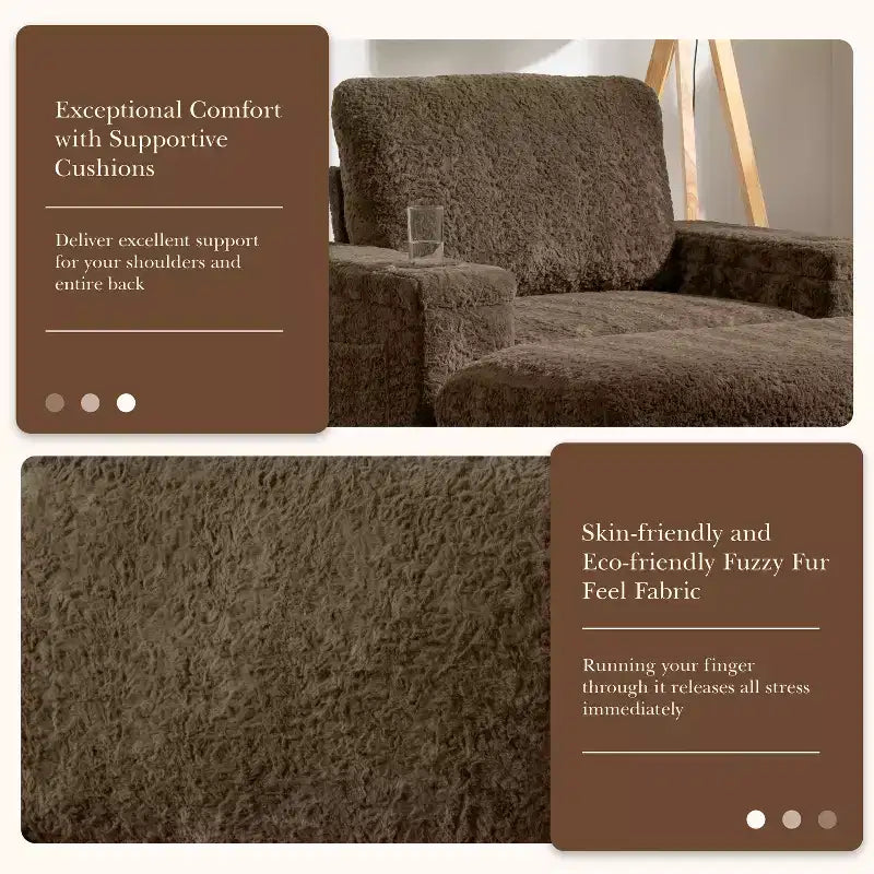 Chauffeuse surdimensionnée en fausse fourrure de lapin Whisen avec pouf de rangement et accoudoirs, canapé-lit rembourré avec porte-gobelets