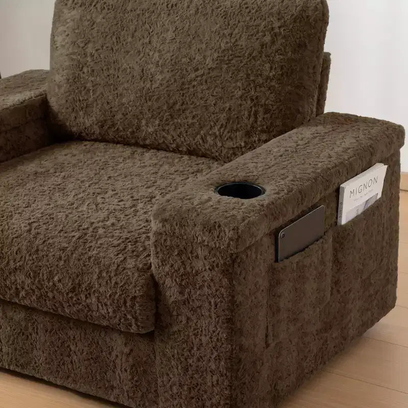 Chauffeuse surdimensionnée en fausse fourrure de lapin Whisen avec pouf de rangement et accoudoirs, canapé-lit rembourré avec porte-gobelets