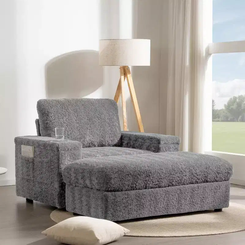 Chauffeuse surdimensionnée en fausse fourrure de lapin Whisen avec pouf de rangement et accoudoirs, canapé-lit rembourré avec porte-gobelets