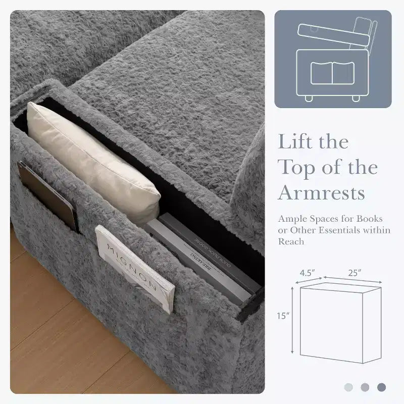 Chauffeuse surdimensionnée en fausse fourrure de lapin Whisen avec pouf de rangement et accoudoirs, canapé-lit rembourré avec porte-gobelets
