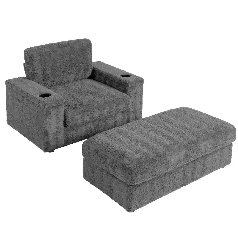 Chauffeuse surdimensionnée en fausse fourrure de lapin Whisen avec pouf de rangement et accoudoirs, canapé-lit rembourré avec porte-gobelets