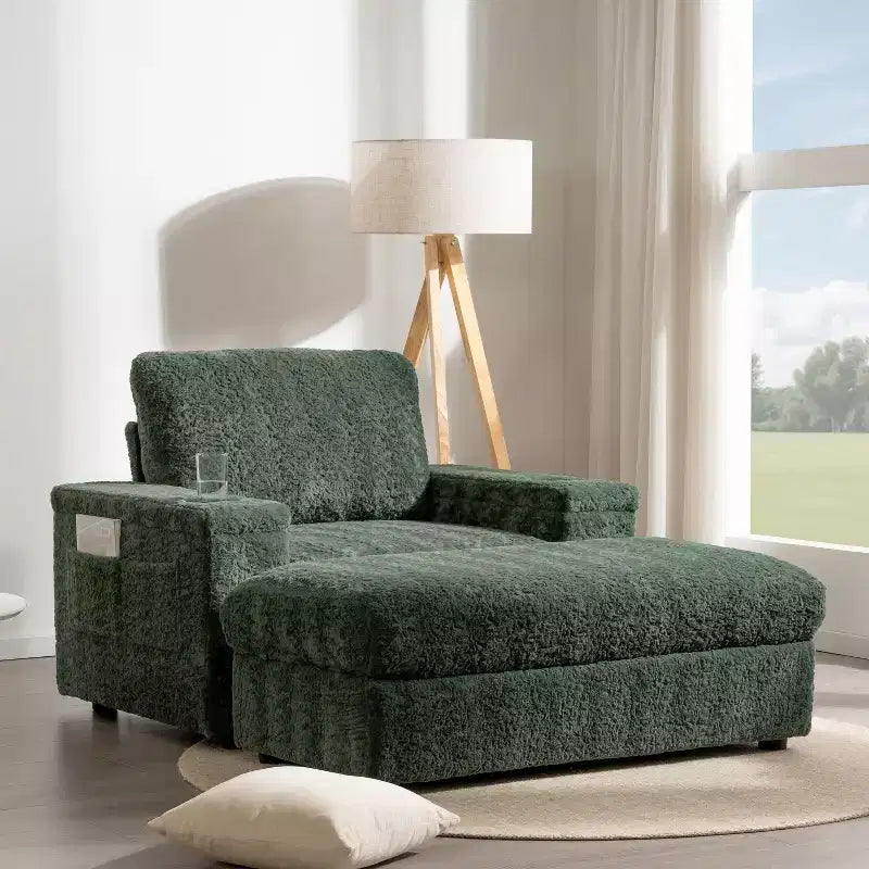 Chauffeuse surdimensionnée en fausse fourrure de lapin Whisen avec pouf de rangement et accoudoirs, canapé-lit rembourré avec porte-gobelets