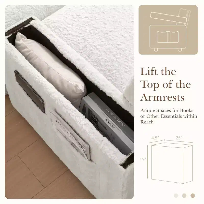 Chauffeuse surdimensionnée en fausse fourrure de lapin Whisen avec pouf de rangement et accoudoirs, canapé-lit rembourré avec porte-gobelets