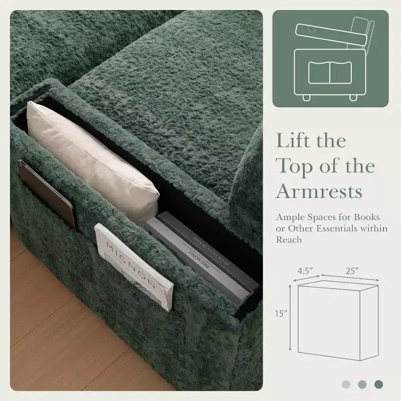 Chauffeuse surdimensionnée en fausse fourrure de lapin Whisen avec pouf de rangement et accoudoirs, canapé-lit rembourré avec porte-gobelets