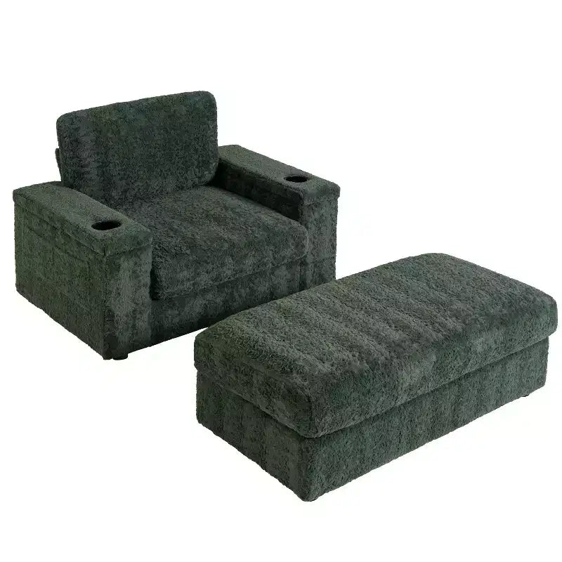 Chauffeuse surdimensionnée en fausse fourrure de lapin Whisen avec pouf de rangement et accoudoirs, canapé-lit rembourré avec porte-gobelets