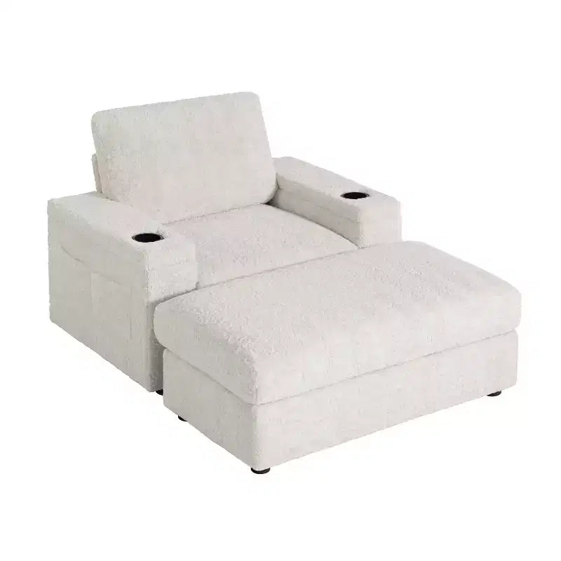 Chauffeuse surdimensionnée en fausse fourrure de lapin Whisen avec pouf de rangement et accoudoirs, canapé-lit rembourré avec porte-gobelets