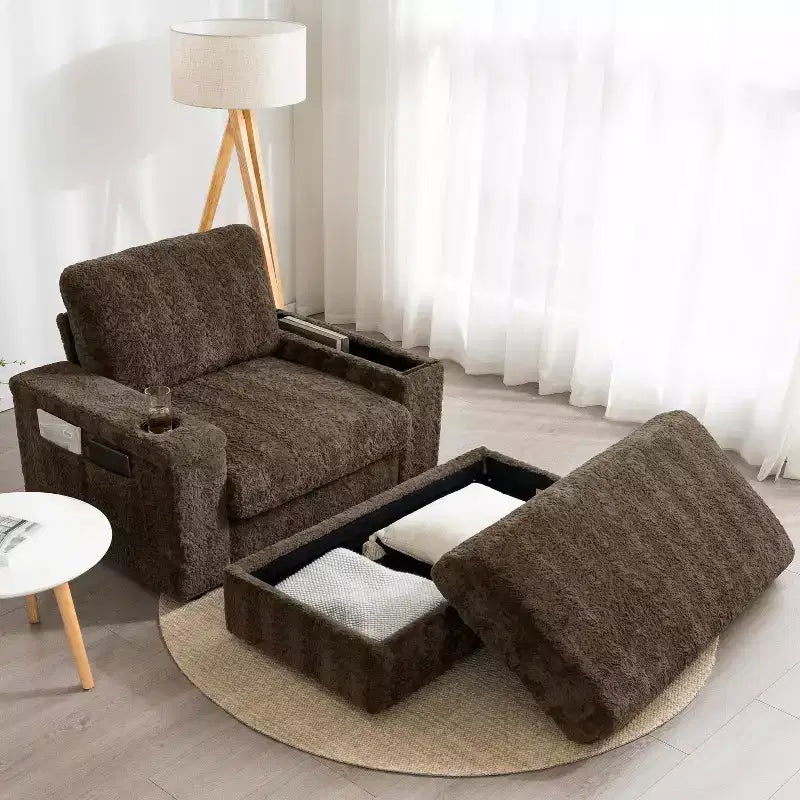 Chauffeuse surdimensionnée en fausse fourrure de lapin Whisen avec pouf de rangement et accoudoirs, canapé-lit rembourré avec porte-gobelets