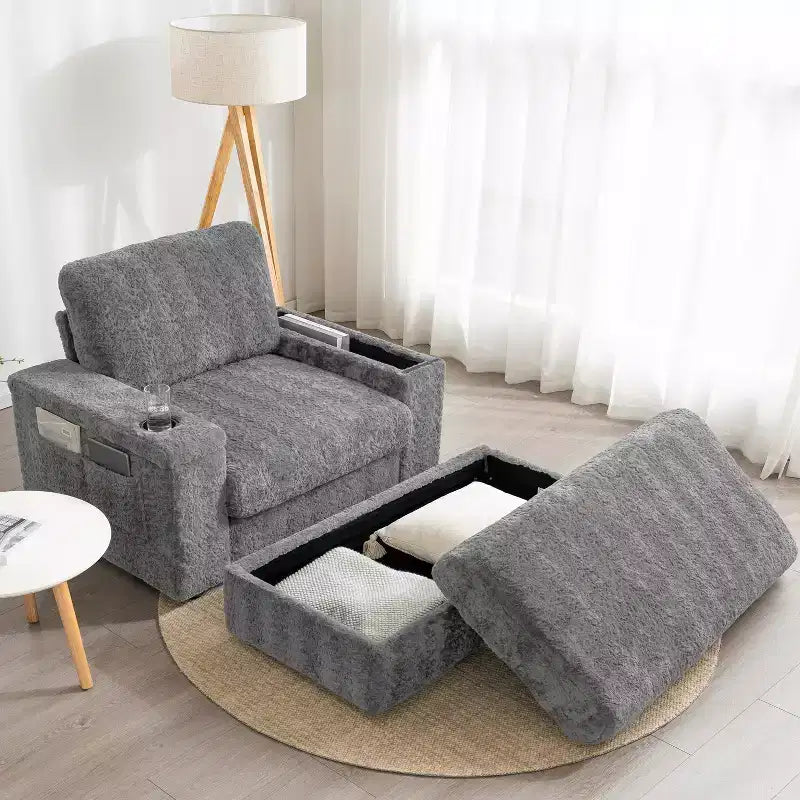 Chauffeuse surdimensionnée en fausse fourrure de lapin Whisen avec pouf de rangement et accoudoirs, canapé-lit rembourré avec porte-gobelets