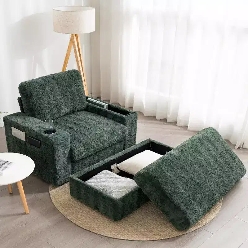 Chauffeuse surdimensionnée en fausse fourrure de lapin Whisen avec pouf de rangement et accoudoirs, canapé-lit rembourré avec porte-gobelets