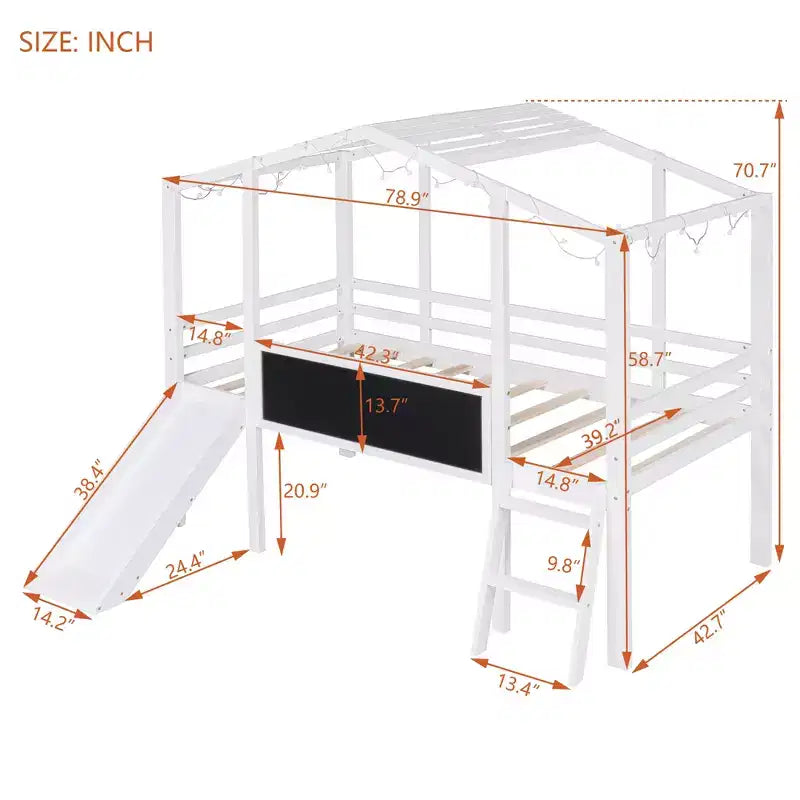 Lit superposé mi-hauteur Whisen 78.9L x 72.7W avec échelle et toboggan, avec tableau noir et bande lumineuse sur le toit