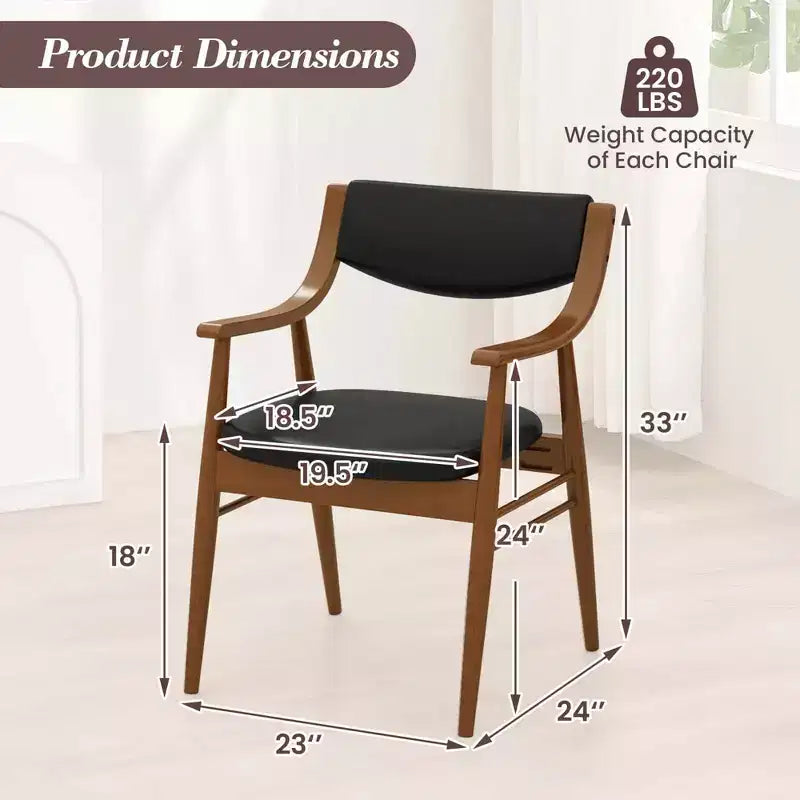 Costway Lot de 2 chaises de salle à manger en cuir PU avec assise et dossier rembourrés, accoudoirs, cadre en bois de caoutchouc Noir/Marron