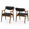Costway PU Leather Dining Chair Set of 2 with Padded Seat & Back Armrests Rubber Wood Frame Black/Brown