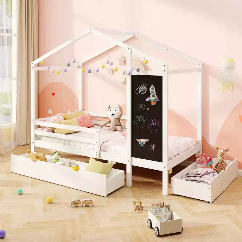 Lit cabane double Costway avec 2 tiroirs de rangement Lit plateforme en bois massif avec tableau noir Blanc/Gris