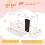 Lit cabane double Costway avec 2 tiroirs de rangement Lit plateforme en bois massif avec tableau noir Blanc/Gris