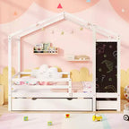 Lit cabane double Costway avec 2 tiroirs de rangement Lit plateforme en bois massif avec tableau noir Blanc/Gris