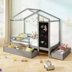 Lit cabane double Costway avec 2 tiroirs de rangement Lit plateforme en bois massif avec tableau noir Blanc/Gris