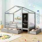 Lit cabane double Costway avec 2 tiroirs de rangement Lit plateforme en bois massif avec tableau noir Blanc/Gris