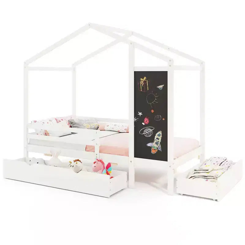 Lit cabane double Costway avec 2 tiroirs de rangement Lit plateforme en bois massif avec tableau noir Blanc/Gris