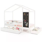 Lit cabane double Costway avec 2 tiroirs de rangement Lit plateforme en bois massif avec tableau noir Blanc/Gris