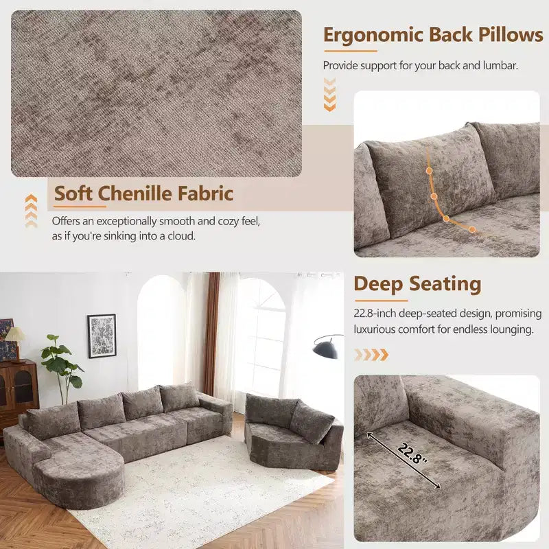 Whisen 141 Grand canapé modulable, canapé sectionnel rembourré avec assise profonde