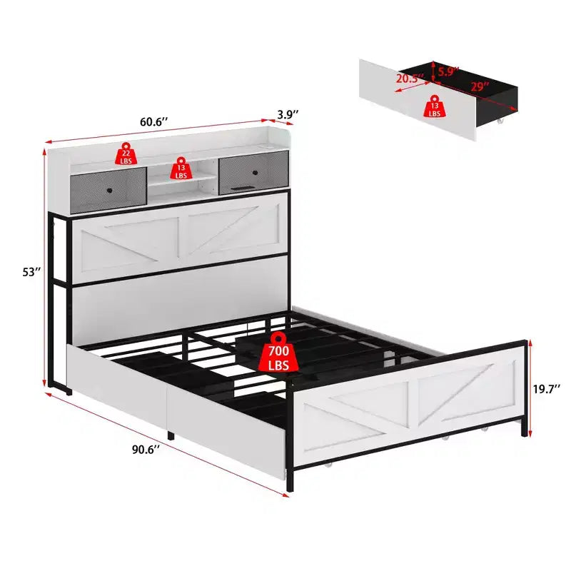 Cadre de lit contemporain Famapy White Queen – Éclairage réglable, tiroir spacieux sous le lit pour le rangement, assurant un sommeil stable et confortable