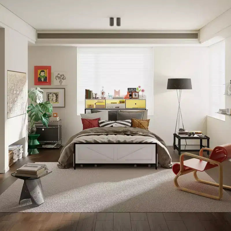 Cadre de lit contemporain Famapy White Queen – Éclairage réglable, tiroir spacieux sous le lit pour le rangement, assurant un sommeil stable et confortable