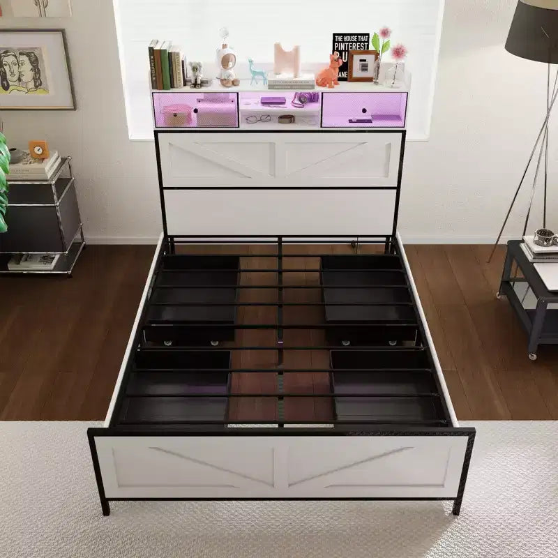Cadre de lit contemporain Famapy White Queen – Éclairage réglable, tiroir spacieux sous le lit pour le rangement, assurant un sommeil stable et confortable