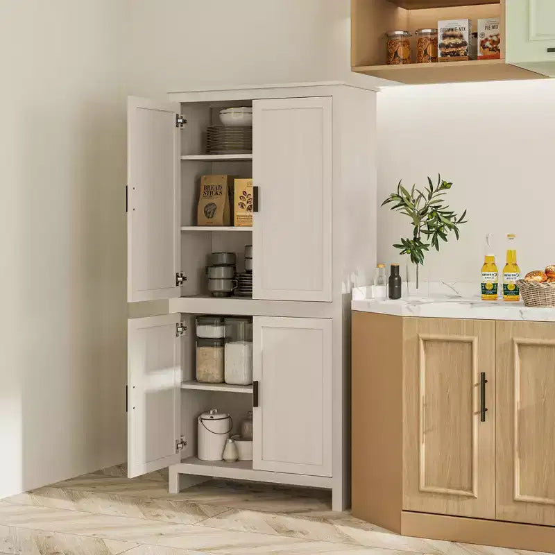 HOMCOM Meuble de Rangement de Cuisine 4 Portes 64", Buffet Autonome avec 3 Étagères Réglables pour Cuisine, Salle à Manger ou Salon, Blanc Antique