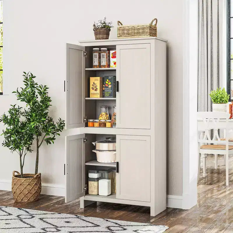 HOMCOM Meuble de Rangement de Cuisine 4 Portes 64", Buffet Autonome avec 3 Étagères Réglables pour Cuisine, Salle à Manger ou Salon, Blanc Antique