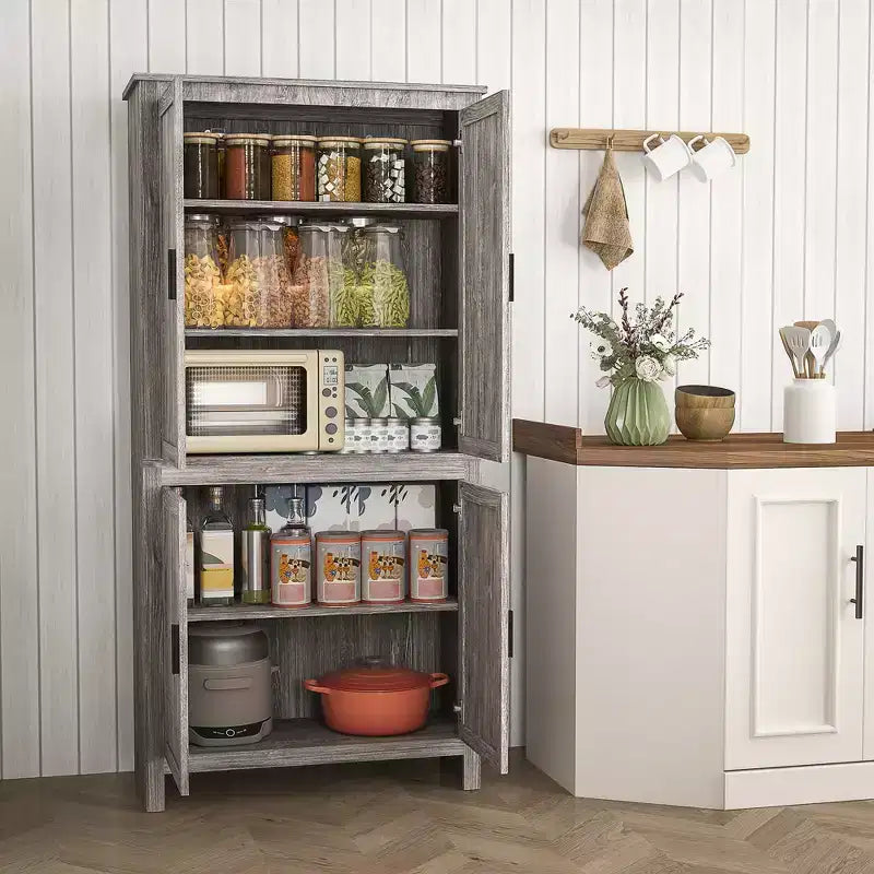 HOMCOM Garde-manger 4 portes de 162 cm, Armoire de rangement autonome avec 3 étagères réglables pour cuisine, salle à manger ou salon, Chêne gris