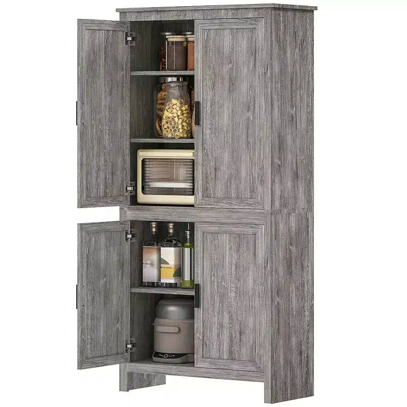 HOMCOM Garde-manger 4 portes de 162 cm, Armoire de rangement autonome avec 3 étagères réglables pour cuisine, salle à manger ou salon, Chêne gris