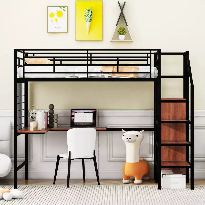 Lit mezzanine en métal double/grand format avec bureau et grille métallique, cadre de lit en métal élégant avec échelle de rangement latérale et armoire - ModernLuxe