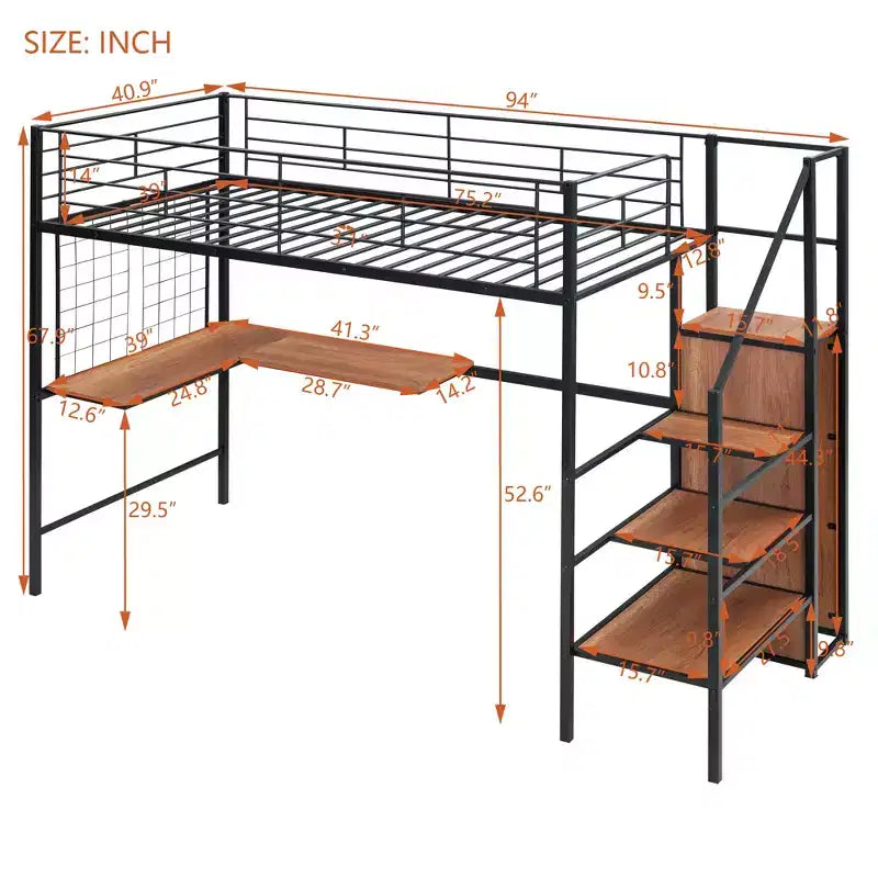Lit mezzanine en métal double/grand format avec bureau et grille métallique, cadre de lit en métal élégant avec échelle de rangement latérale et armoire - ModernLuxe