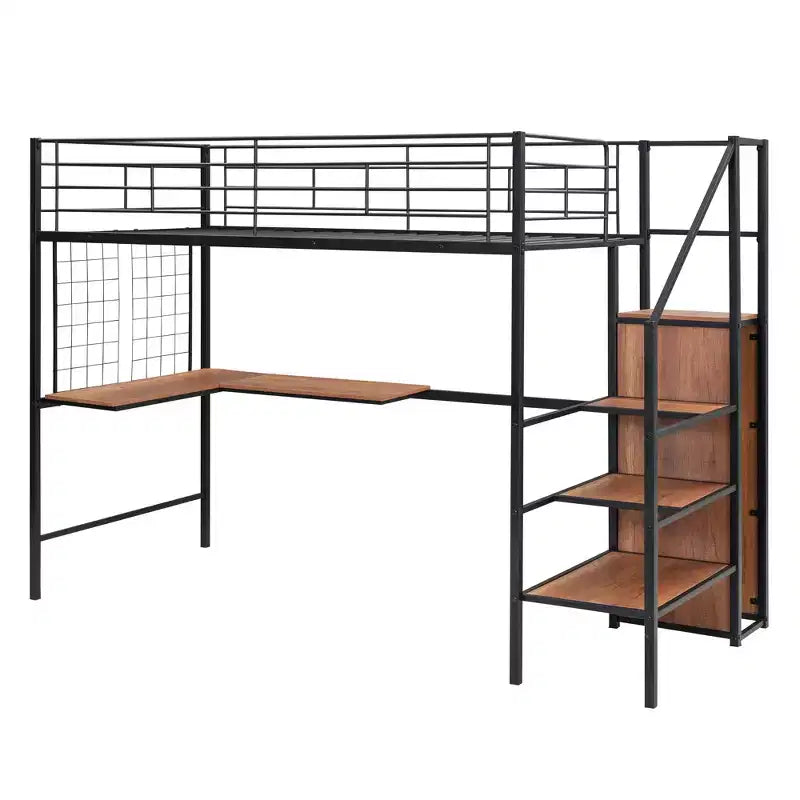 Lit mezzanine en métal double/grand format avec bureau et grille métallique, cadre de lit en métal élégant avec échelle de rangement latérale et armoire - ModernLuxe
