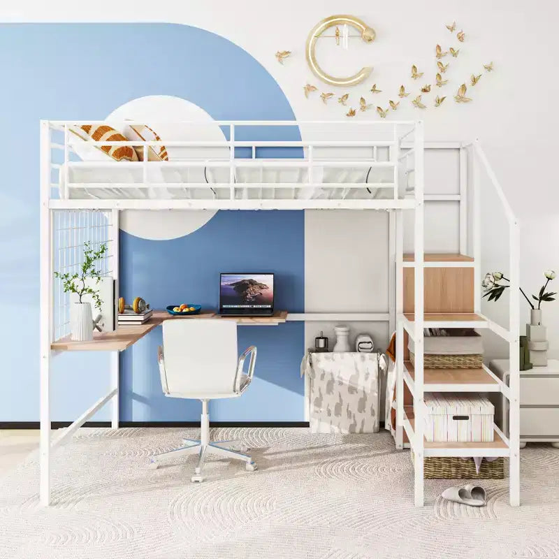 Lit mezzanine en métal double/grand format avec bureau et grille métallique, cadre de lit en métal élégant avec échelle de rangement latérale et armoire - ModernLuxe