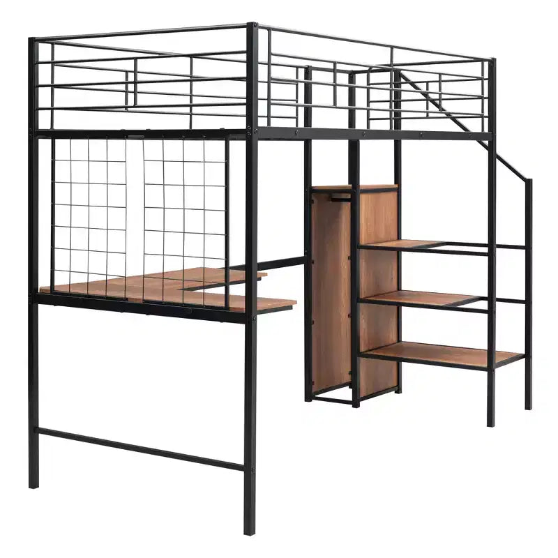 Lit mezzanine en métal double/grand format avec bureau et grille métallique, cadre de lit en métal élégant avec échelle de rangement latérale et armoire - ModernLuxe