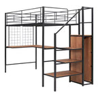 Lit mezzanine en métal double/grand format avec bureau et grille métallique, cadre de lit en métal élégant avec échelle de rangement latérale et armoire - ModernLuxe