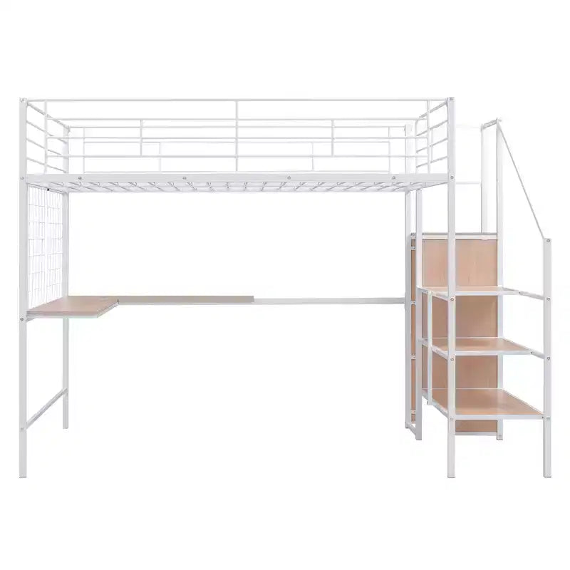 Lit mezzanine en métal double/grand format avec bureau et grille métallique, cadre de lit en métal élégant avec échelle de rangement latérale et armoire - ModernLuxe