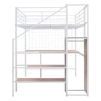 Lit mezzanine en métal double/grand format avec bureau et grille métallique, cadre de lit en métal élégant avec échelle de rangement latérale et armoire - ModernLuxe
