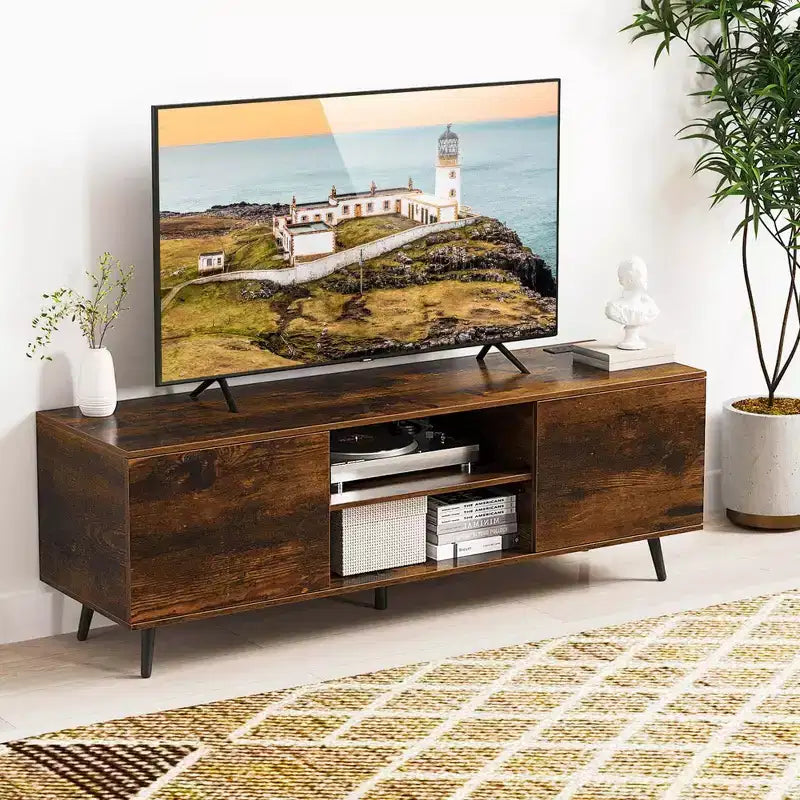 Meuble TV Costway pour téléviseurs 60 pouces, console multimédia moderne du milieu du siècle avec étagère réglable, brun/noir