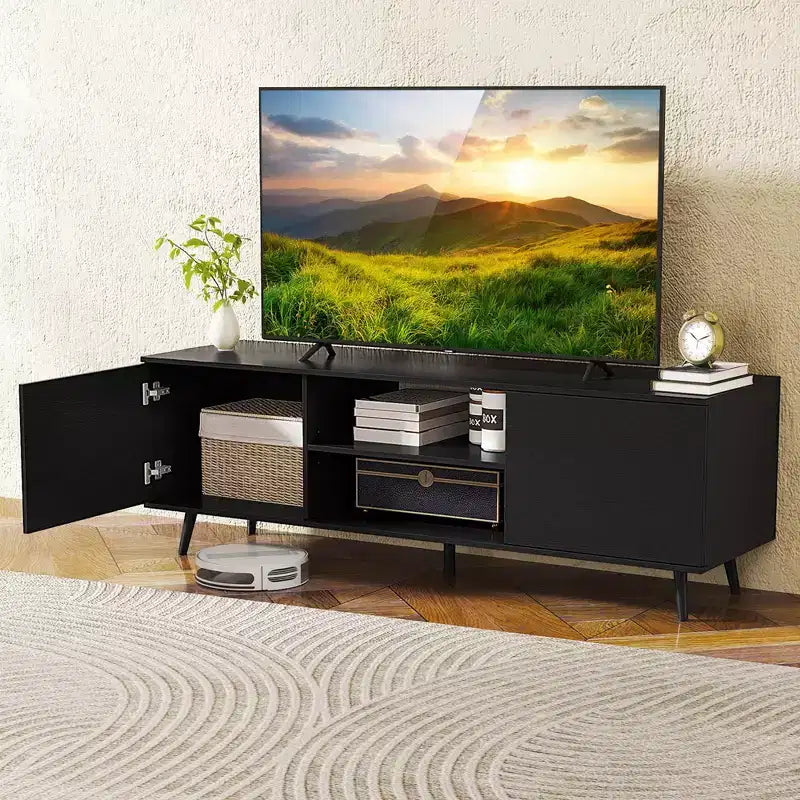 Meuble TV Costway pour téléviseurs 60 pouces, console multimédia moderne du milieu du siècle avec étagère réglable, brun/noir
